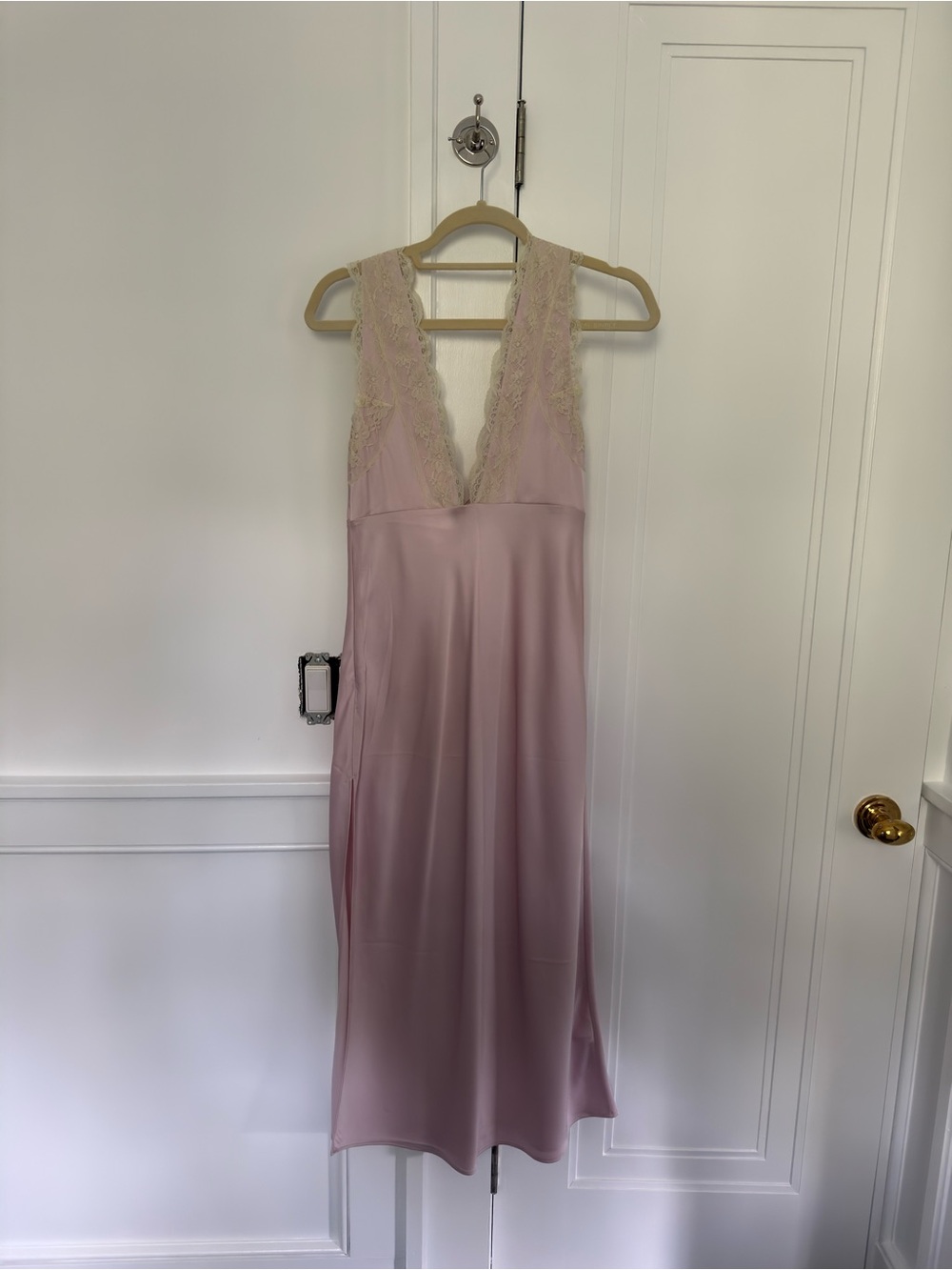 Abercrombie & Fitch Satin Slip Midi Dress in Dusty Pink with Lace